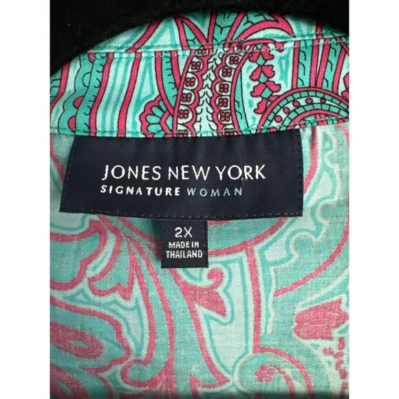 Jones New York Signature Womans Paisley Button Blouse 2X Green Pink Twist Knot - Picture 2 of 5